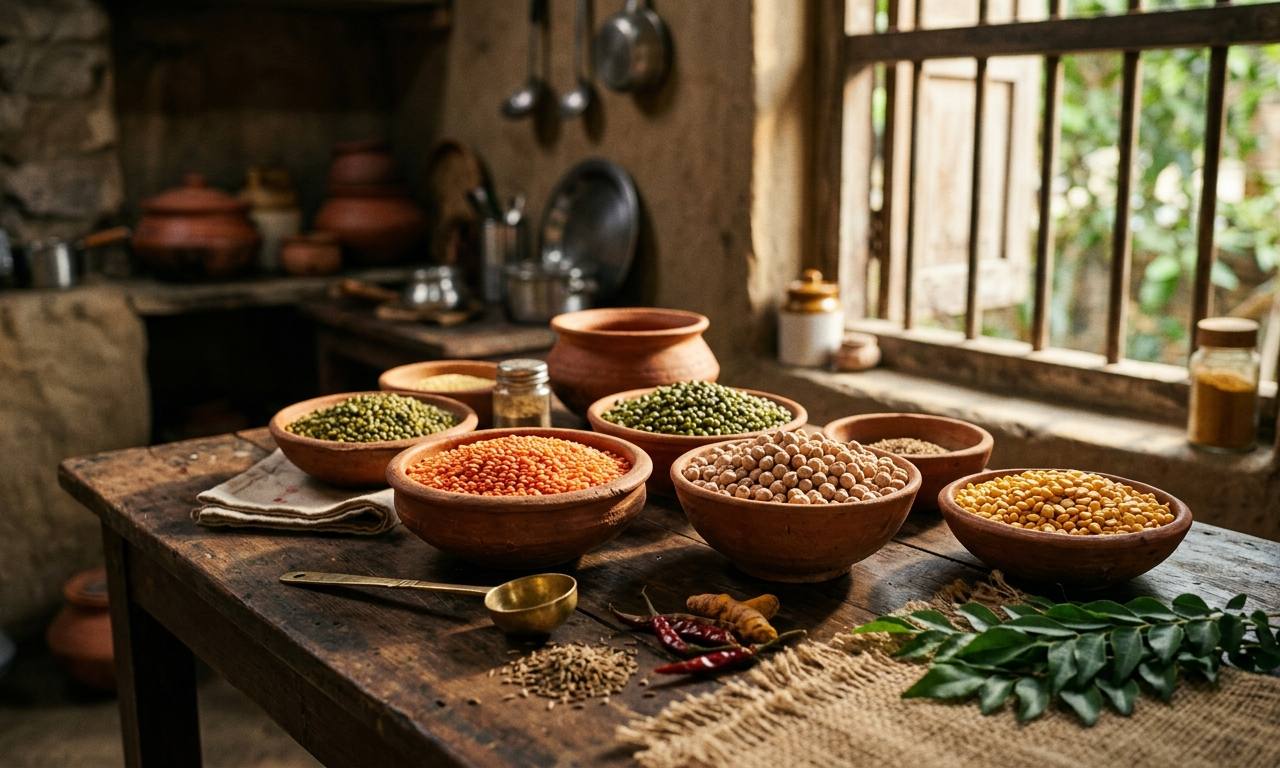 Frisches saisonales Gemüse und Hülsenfrüchte auf einem Holztisch für günstige vegane Mahlzeiten im August.