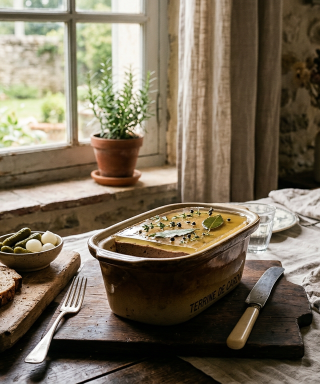 Une terrine de pâté végétal aux noix et lentilles servie avec du pain au levain sur une table rustique.