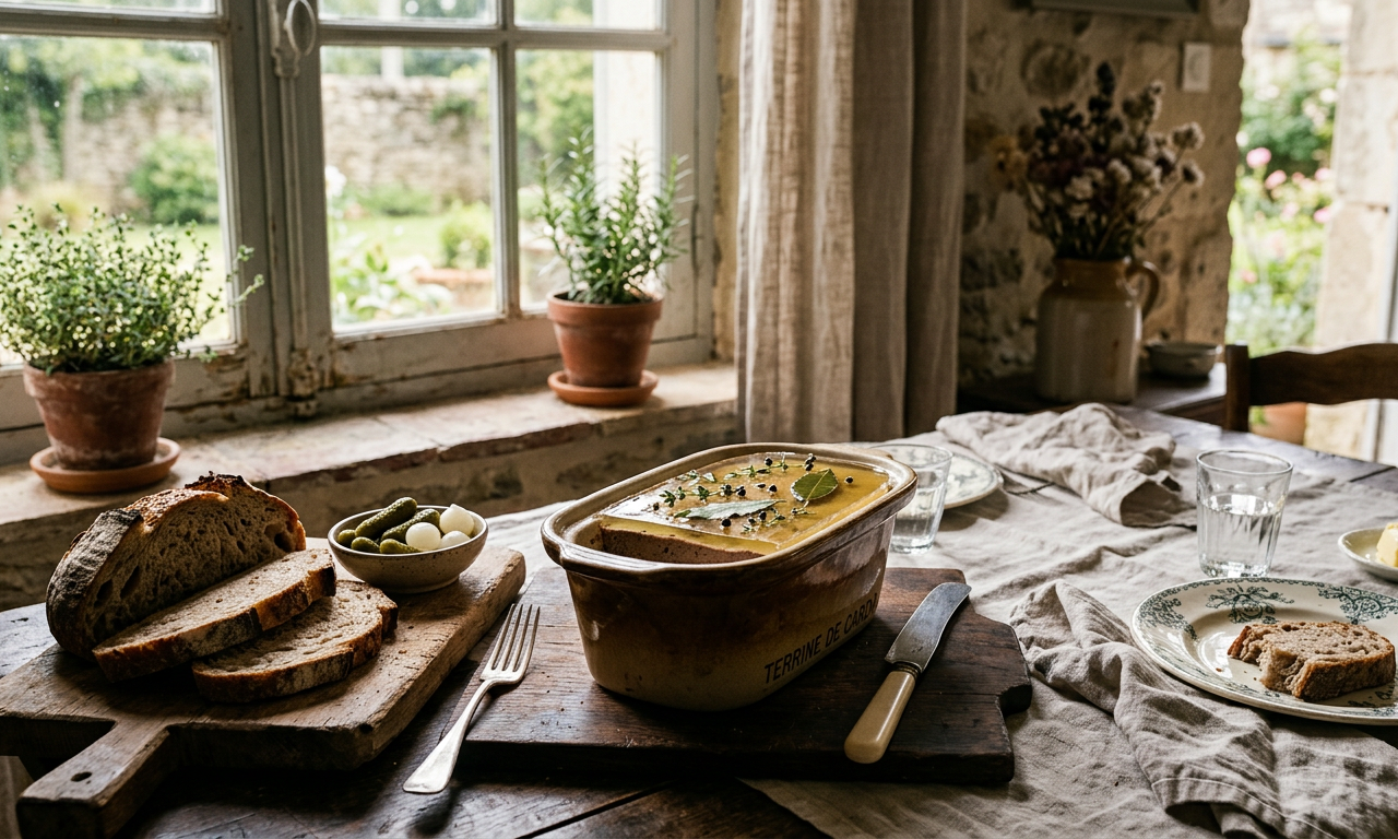 Une terrine de pâté végétal aux noix et lentilles servie avec du pain au levain sur une table rustique.