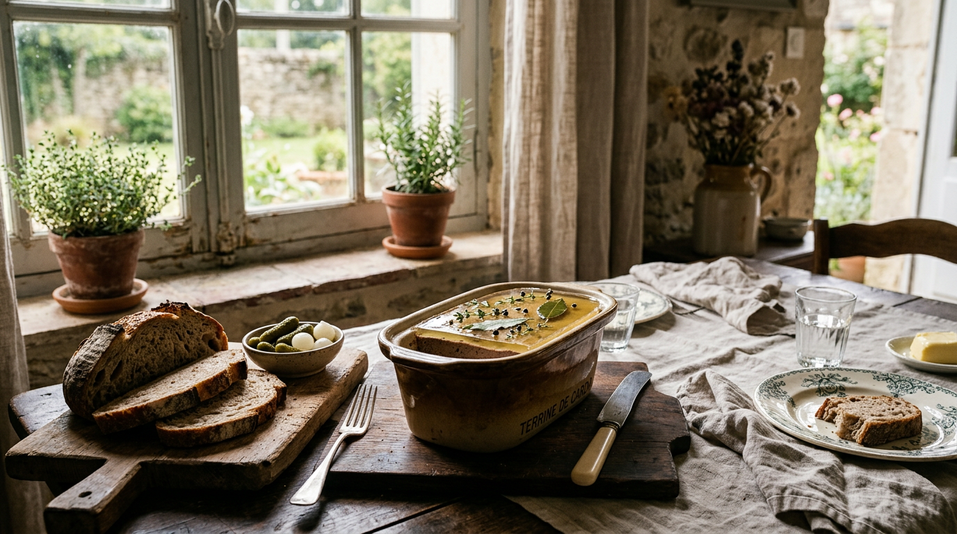 Une terrine de pâté végétal aux noix et lentilles servie avec du pain au levain sur une table rustique.