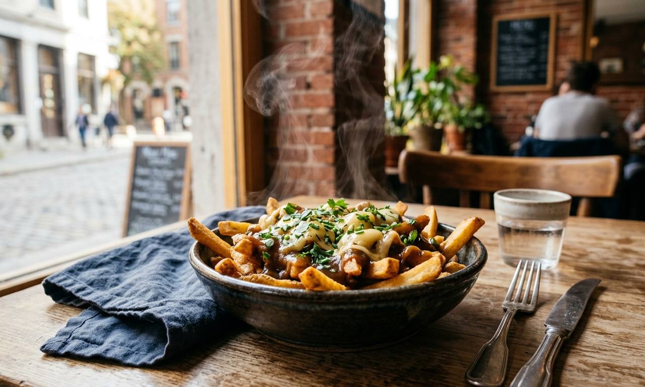 Une poutine végétalienne gourmande avec du fromage végétal fondant et une sauce brune onctueuse aux champignons.