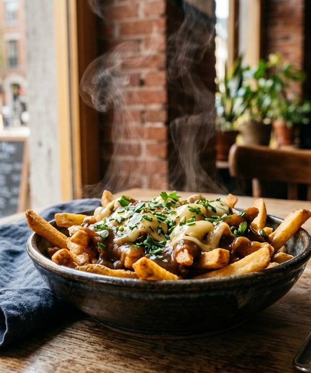 Une poutine végétalienne gourmande avec du fromage végétal fondant et une sauce brune onctueuse aux champignons.