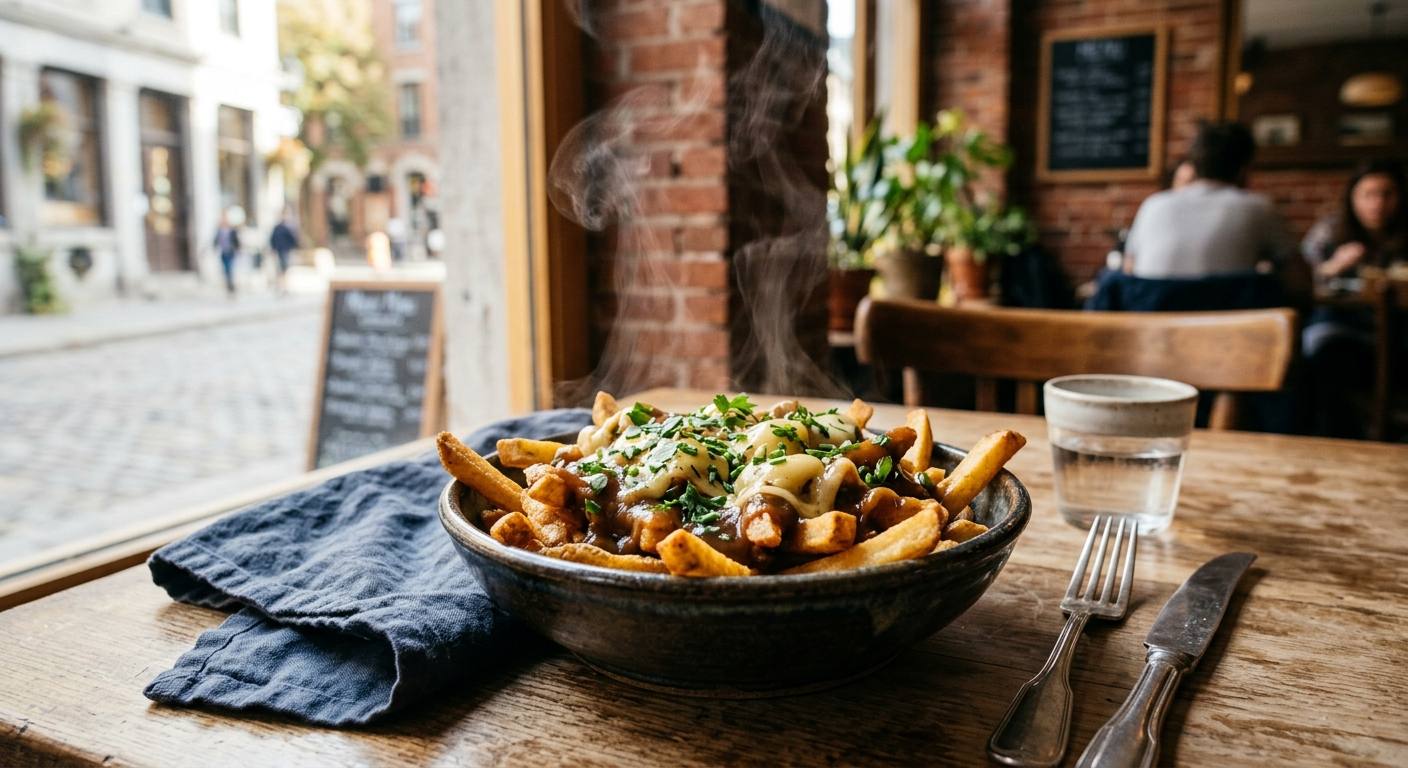 Une poutine végétalienne gourmande avec du fromage végétal fondant et une sauce brune onctueuse aux champignons.