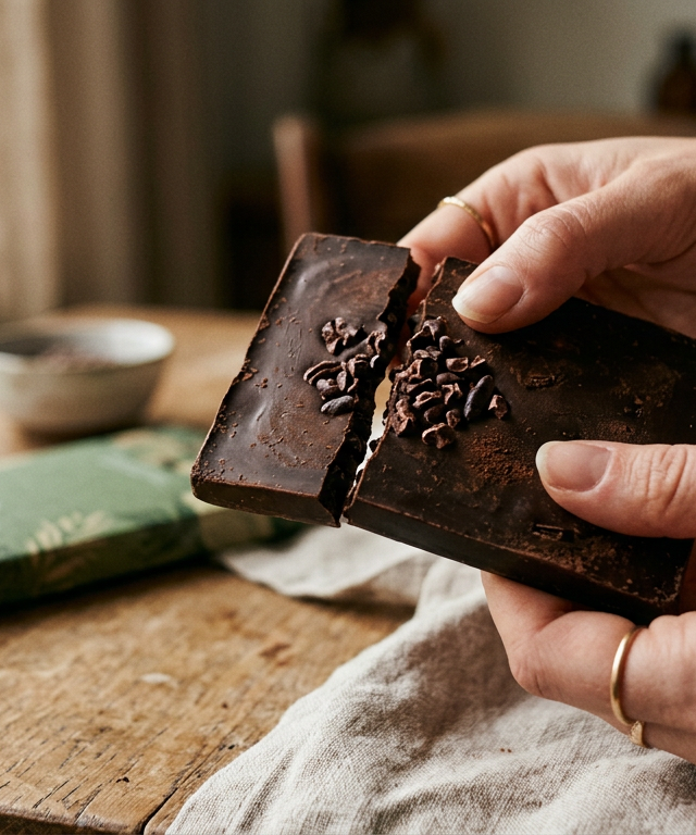 Close-up de uma barra de chocolate vegano premium sendo quebrada em um ambiente de iluminação natural suave.
