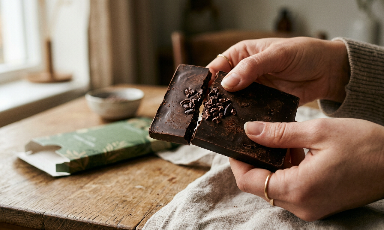 Close-up de uma barra de chocolate vegano premium sendo quebrada em um ambiente de iluminação natural suave.