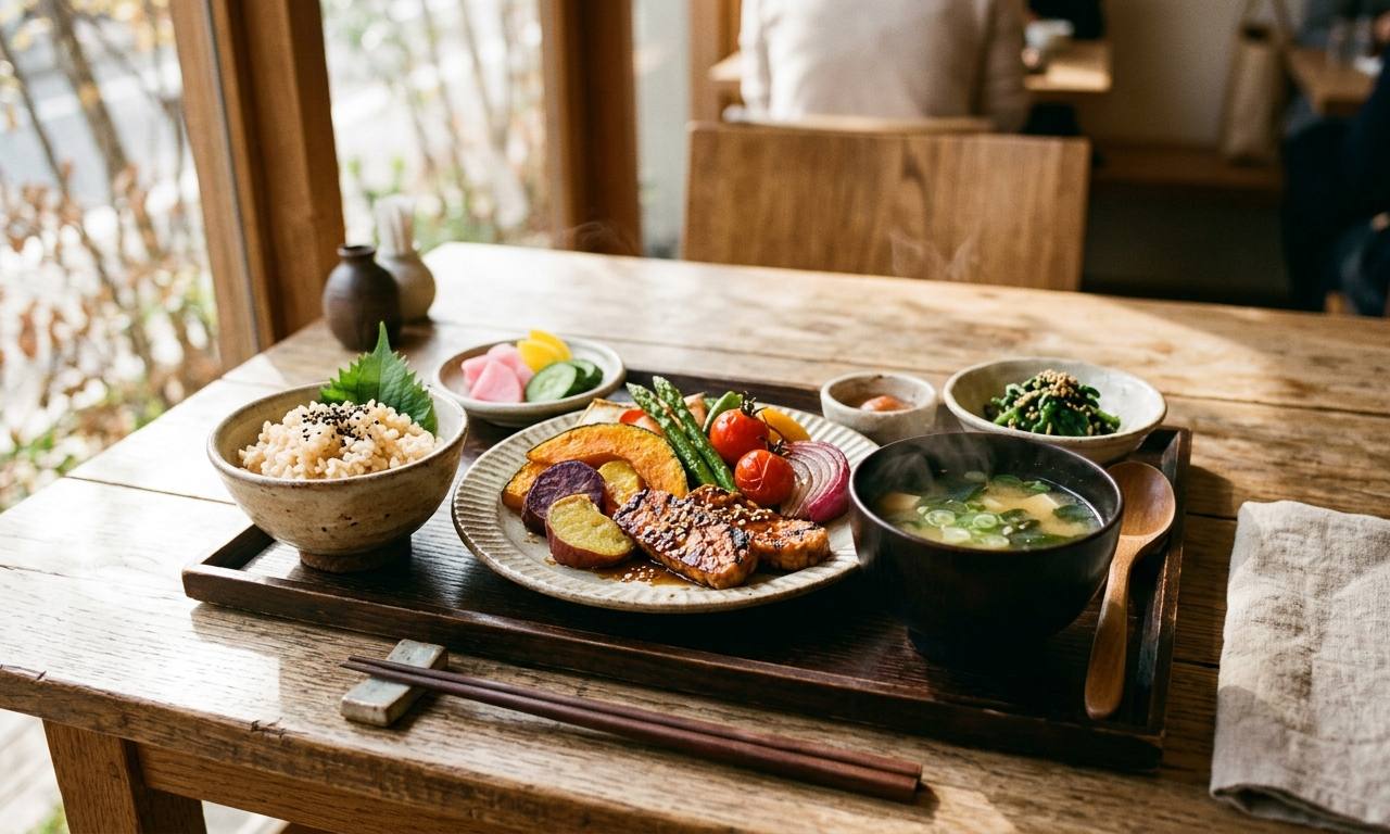 木製テーブルの上に並べられた、色とりどりの旬の野菜と大豆製品を中心としたモダンな日本式のプラントベースの食事