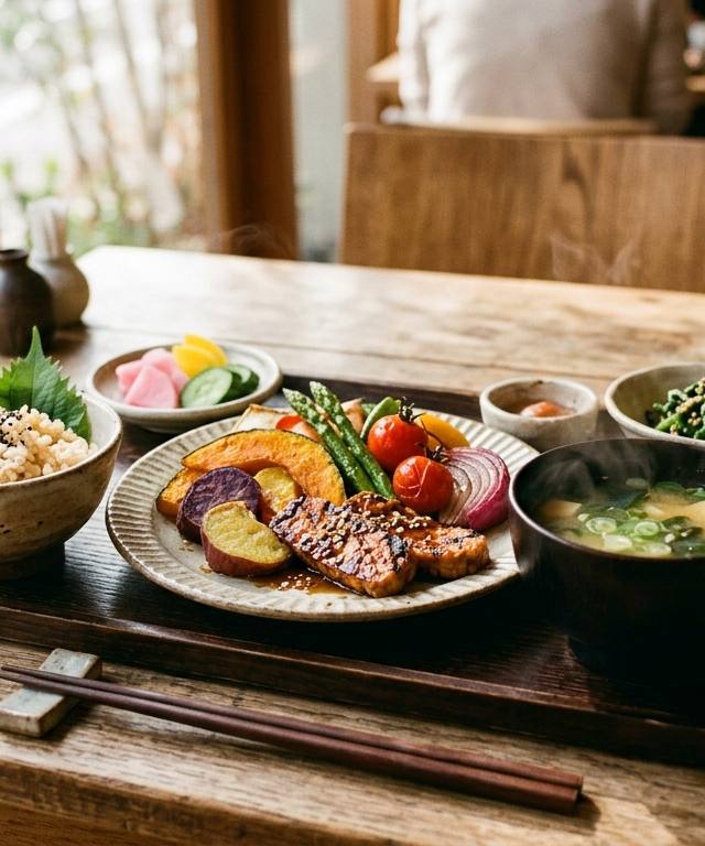 木製テーブルの上に並べられた、色とりどりの旬の野菜と大豆製品を中心としたモダンな日本式のプラントベースの食事