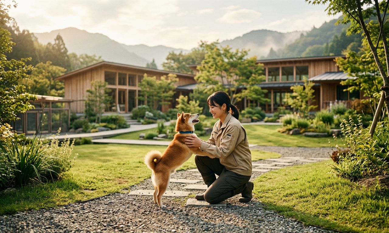 太陽の光が降り注ぐ近代的なシェルターで、保護犬と心を通わせるボランティア。動物愛護法 2026年改正による明るい未来を象徴しているシーン。