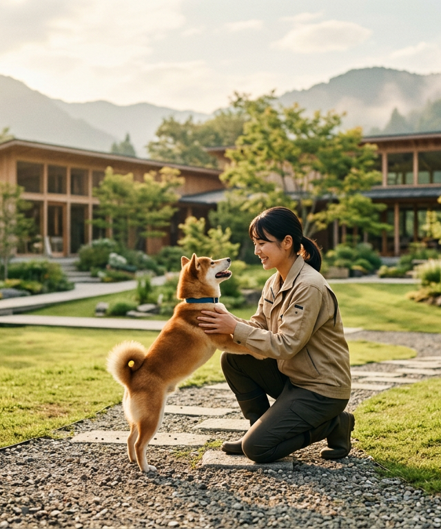 太陽の光が降り注ぐ近代的なシェルターで、保護犬と心を通わせるボランティア。動物愛護法 2026年改正による明るい未来を象徴しているシーン。