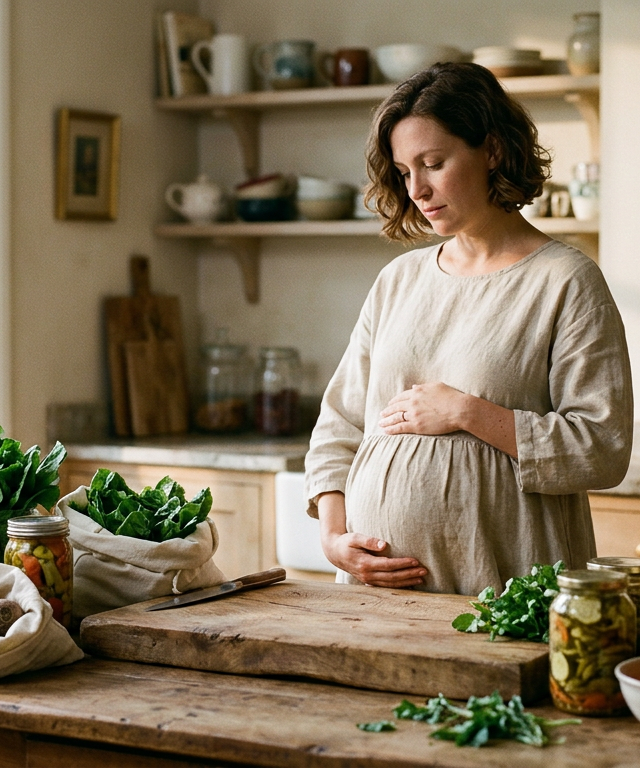 Mulher grávida na cozinha cercada de vegetais frescos e embalagens de vidro, reduzindo microplásticos na gravidez.