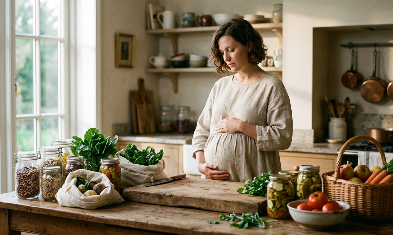 Mulher grávida na cozinha cercada de vegetais frescos e embalagens de vidro, reduzindo microplásticos na gravidez.