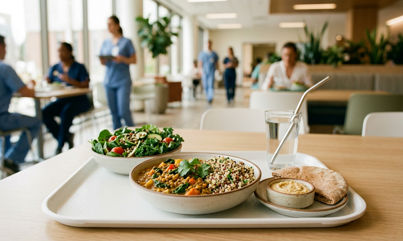 Colorful plant-based meal tray at NYC hospital with lentil curry and quinoa