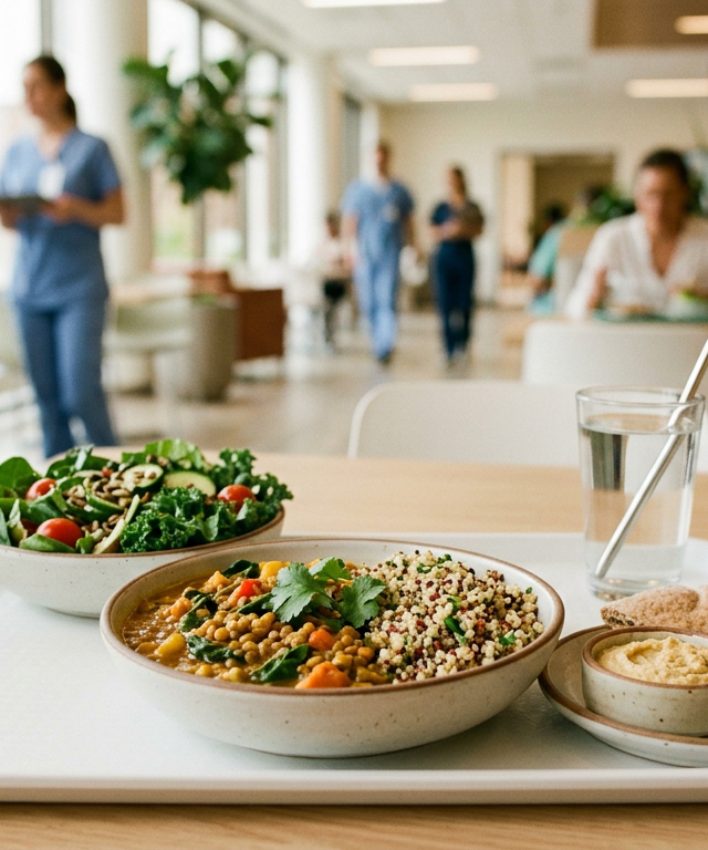 Colorful plant-based meal tray at NYC hospital with lentil curry and quinoa
