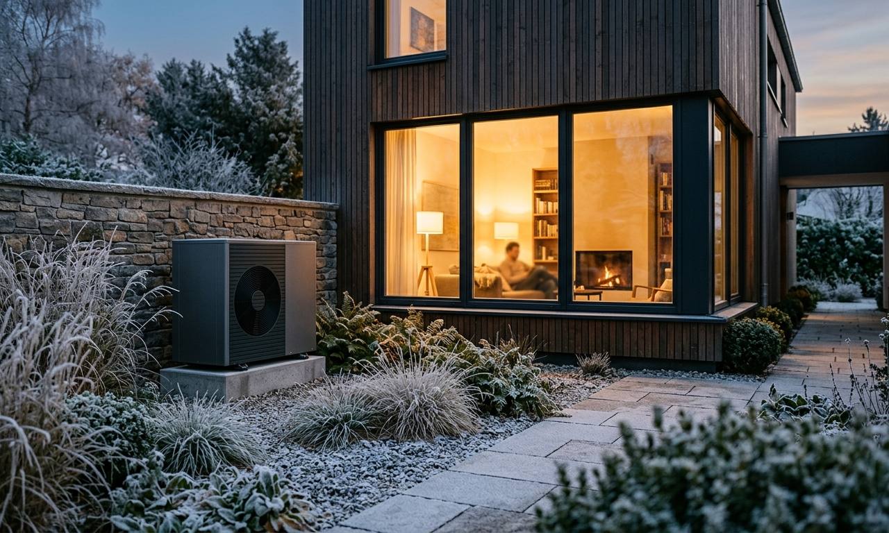 Cozy modern home exterior with heat pump unit and solar roof, illustrating Heizungsgesetz municipal heat plans solutions