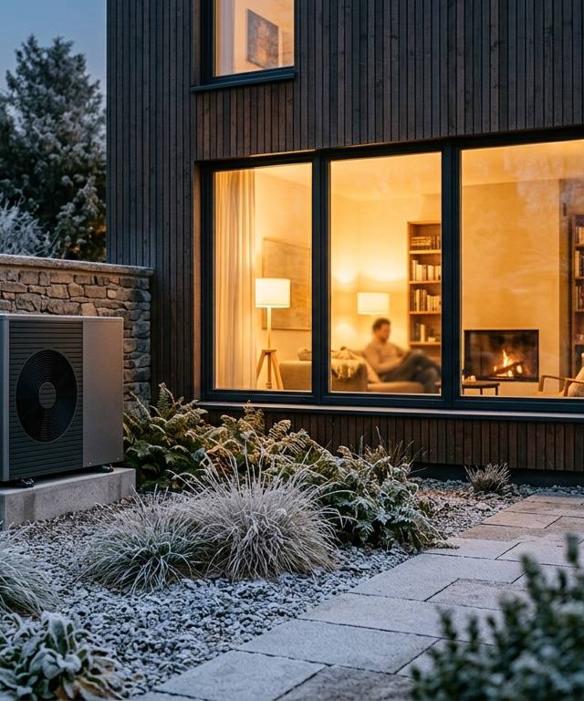 Cozy modern home exterior with heat pump unit and solar roof, illustrating Heizungsgesetz municipal heat plans solutions