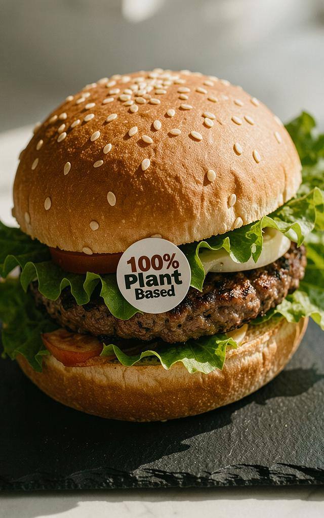 Plant-based veggie burger with fresh ingredients and a '100% Plant-Based' sticker, highlighting the labeling issue.