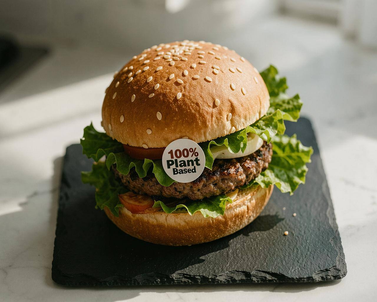 Plant-based veggie burger with fresh ingredients and a '100% Plant-Based' sticker, highlighting the labeling issue.