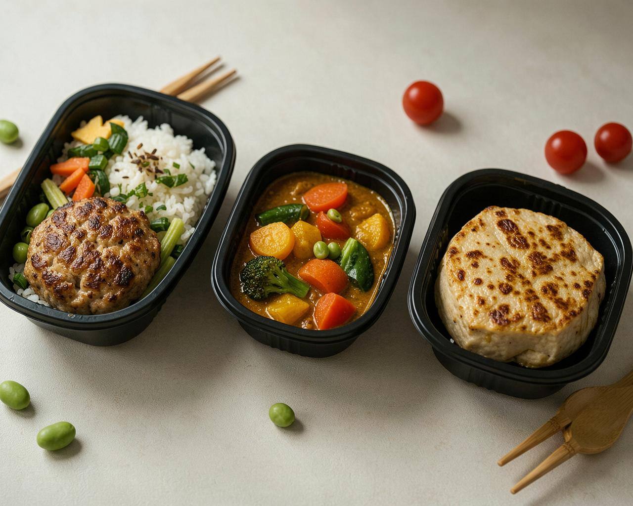 東京のコンビニで購入できるvegan弁当3品を並べた様子