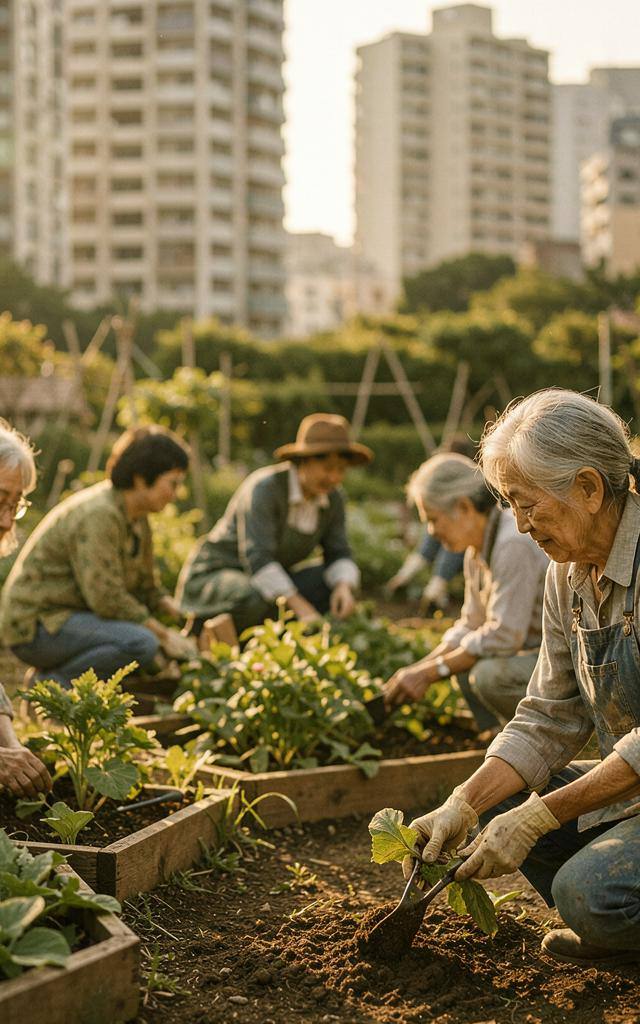 都市ガーデンのリワイルディング、夏の午後に住民が生物多様性豊かな庭を手入れする風景