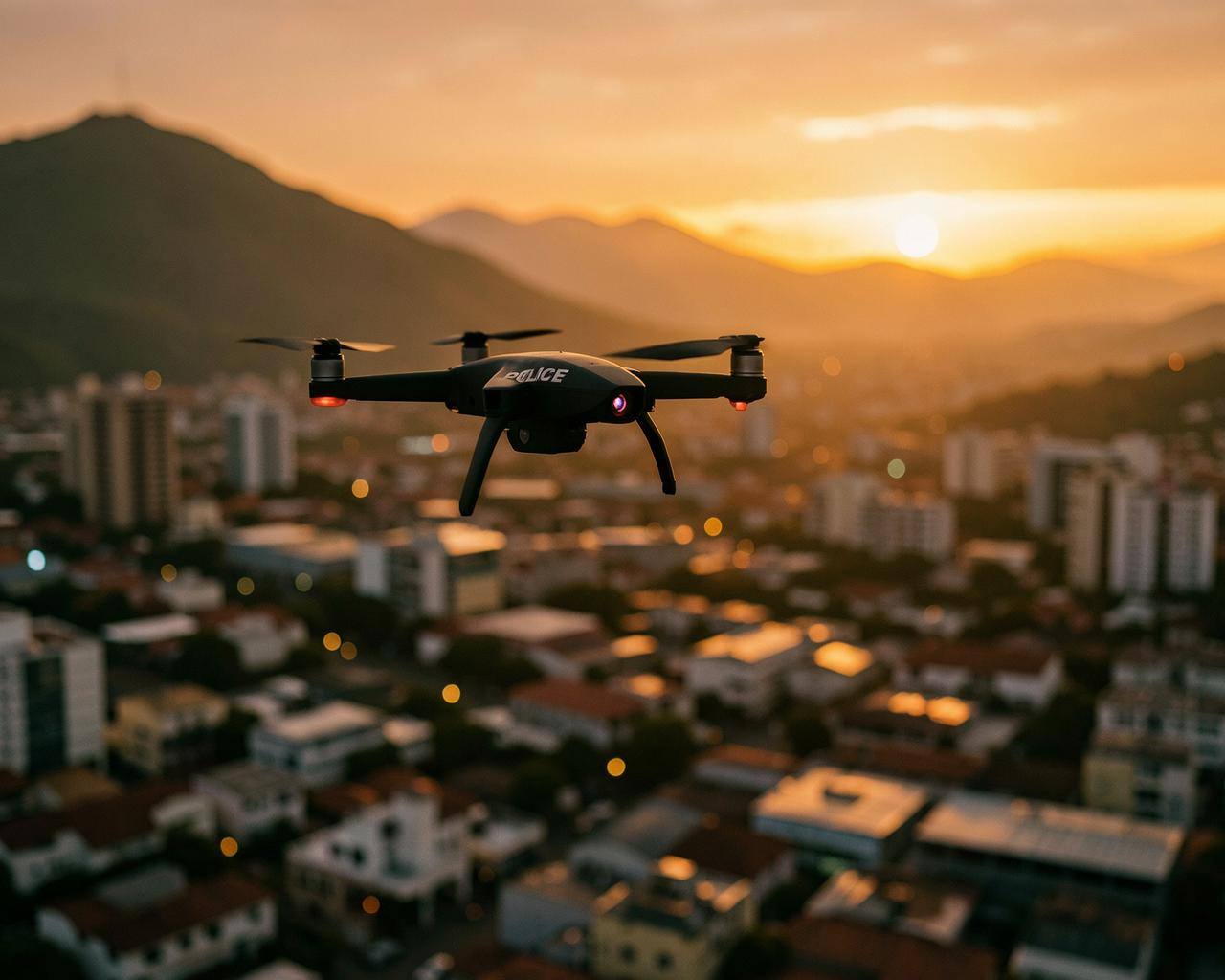 Vista aérea de Pinguinópolis ao entardecer com drone fiscalizatório da Lei de Proteção Animal na Internet sobrevoando a cidade.