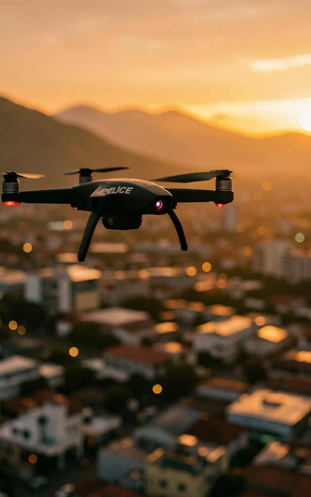 Vista aérea de Pinguinópolis ao entardecer com drone fiscalizatório da Lei de Proteção Animal na Internet sobrevoando a cidade.