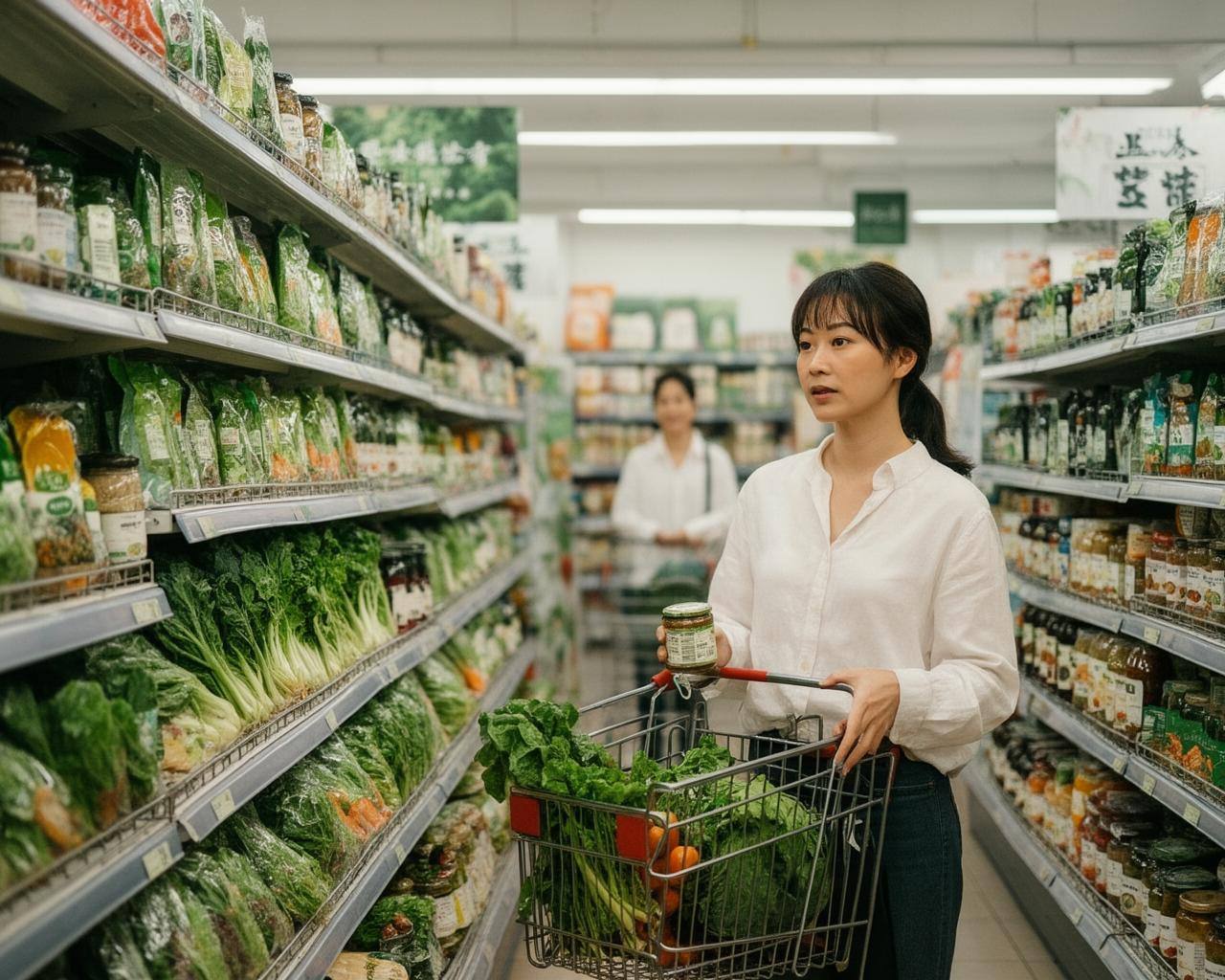 亚太超市植物基食品货架前购物场景，展示素食转型趋势