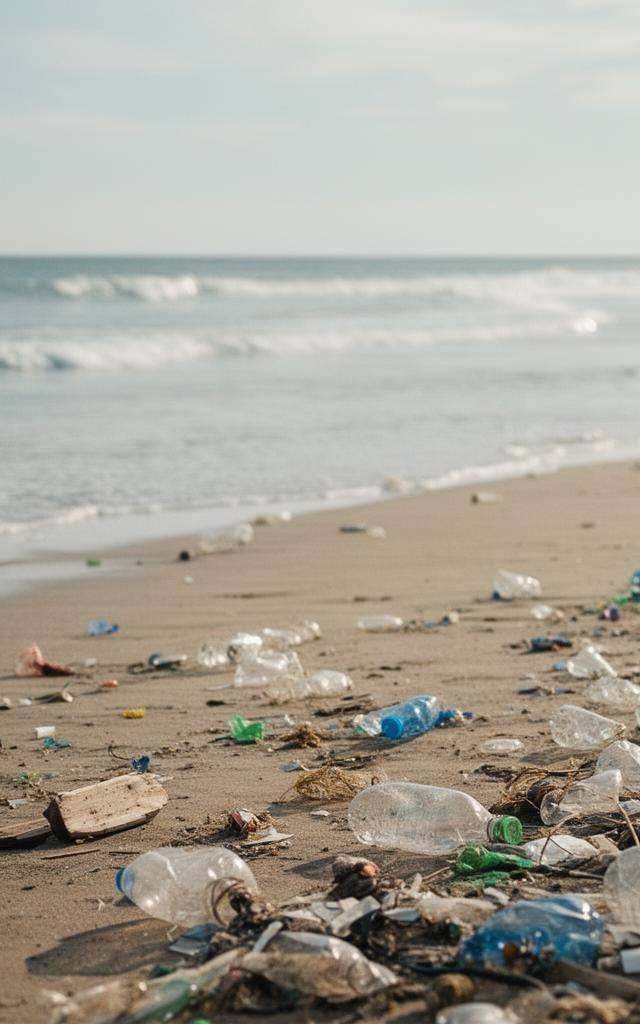 静かな海と広がるビーチ。プラスチック汚染の無い理想的な海の情景を描いた画像。