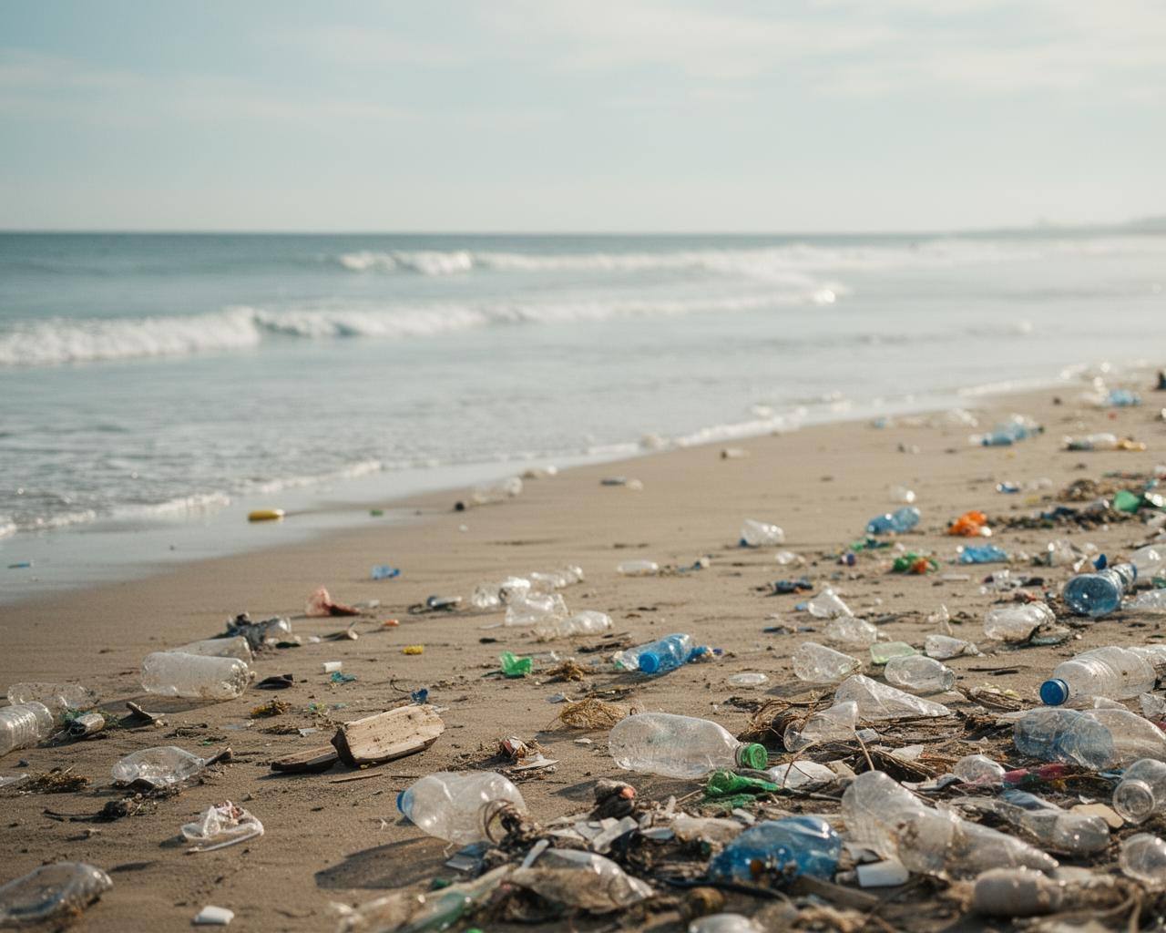 静かな海と広がるビーチ。プラスチック汚染の無い理想的な海の情景を描いた画像。