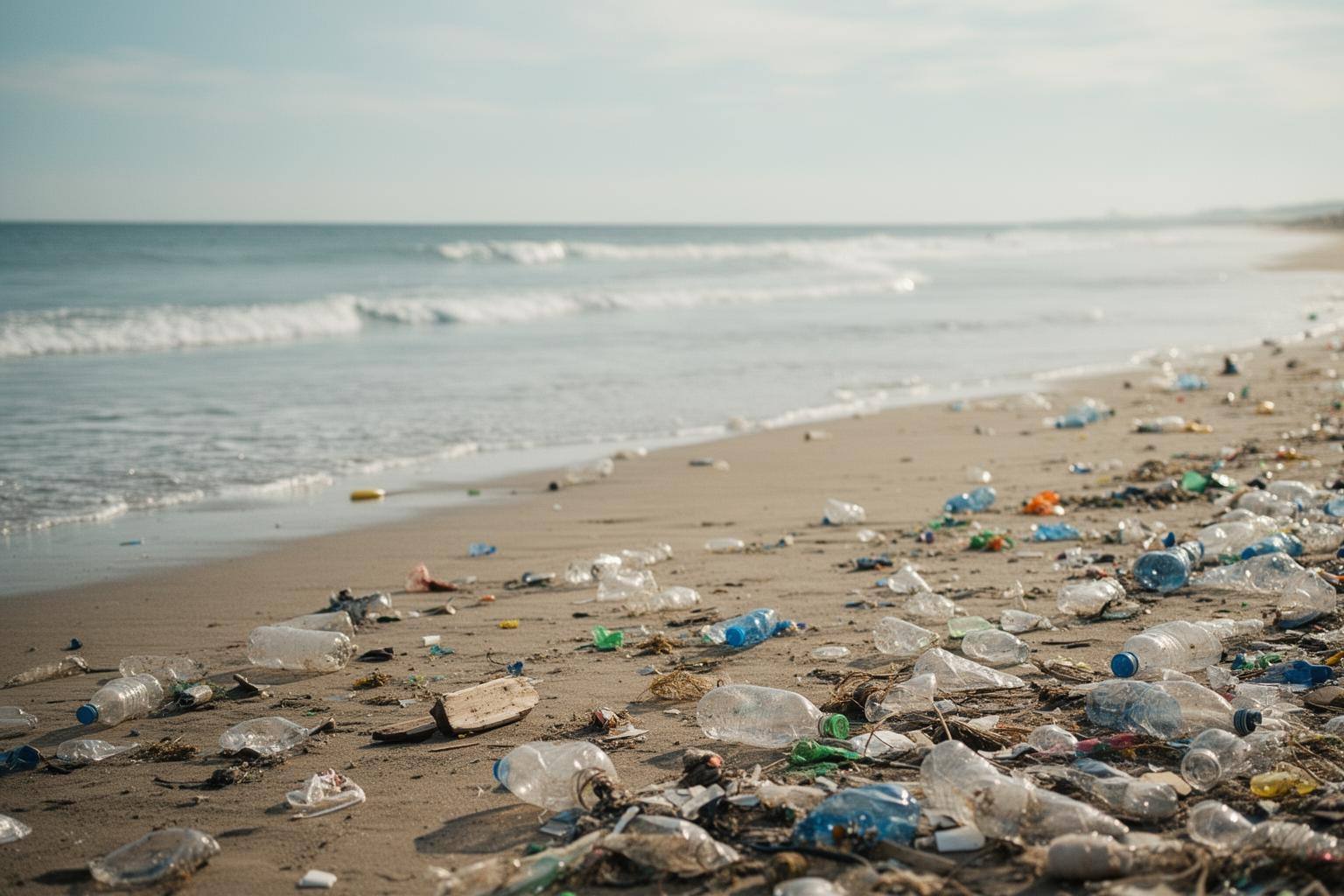 静かな海と広がるビーチ。プラスチック汚染の無い理想的な海の情景を描いた画像。