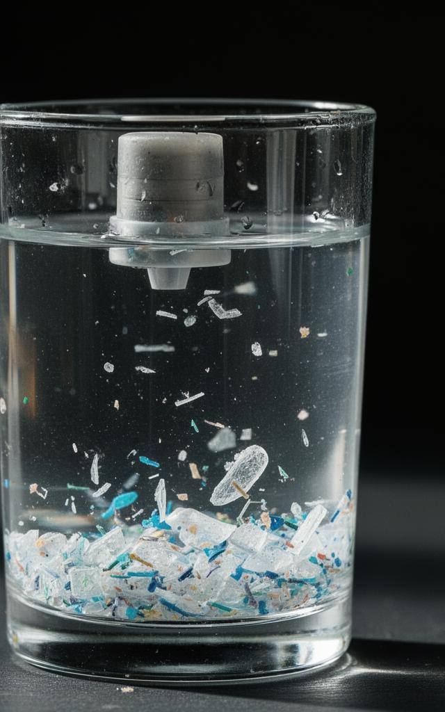 Стеклянный стакан с водой и микропластиком на темном фоне, фильтр от микропластика