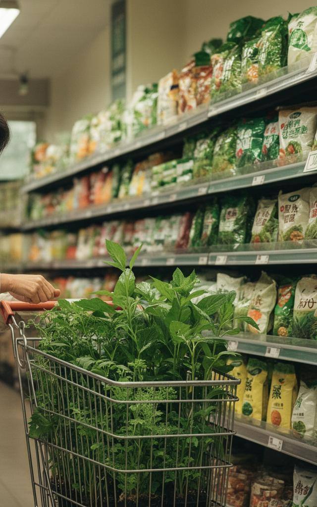 亚太超市植物基食品货架前购物场景，展示素食转型趋势