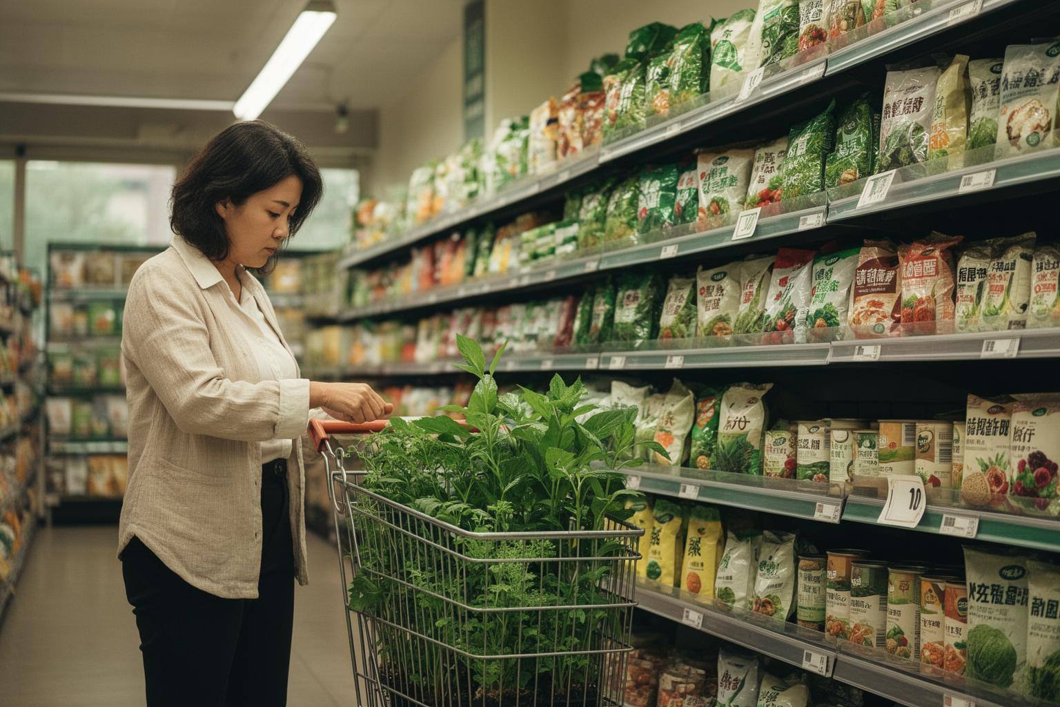 亚太超市植物基食品货架前购物场景,展示素食转型趋势