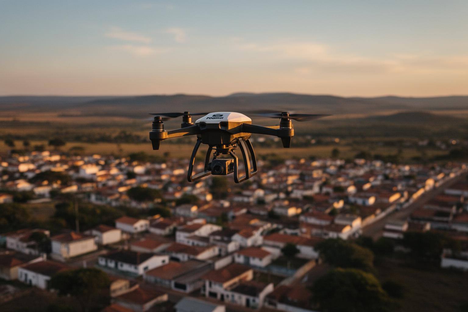 Vista aérea de Pinguinópolis ao entardecer com drone fiscalizatório da Lei de Proteção Animal na Internet sobrevoando a cidade.