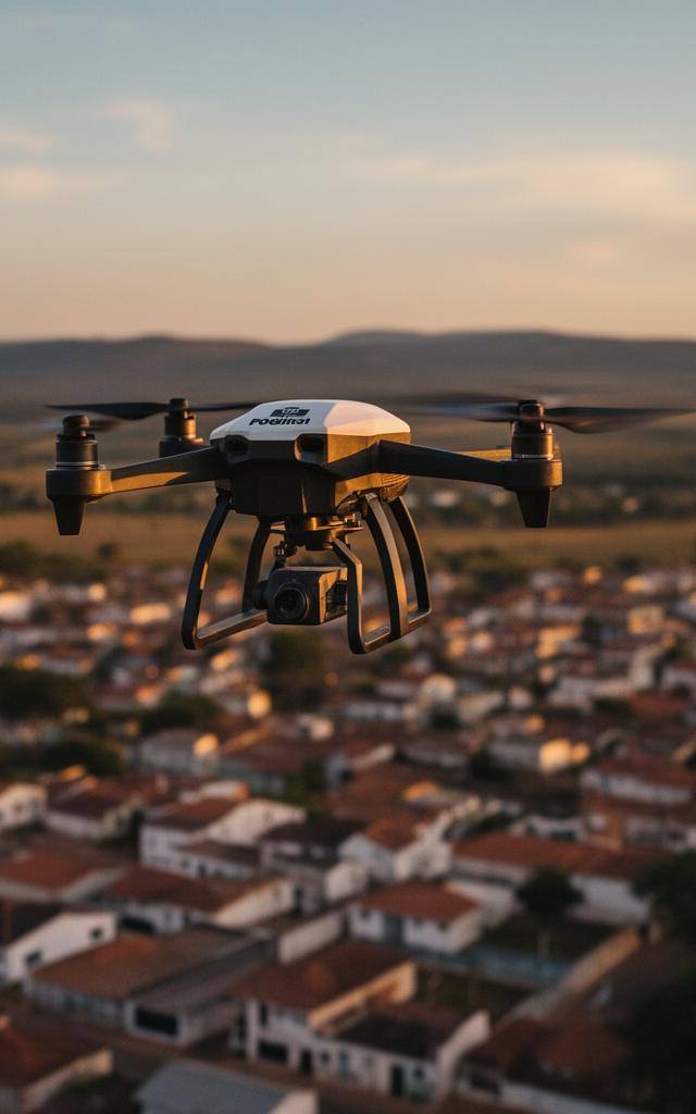 Vista aérea de Pinguinópolis ao entardecer com drone fiscalizatório da Lei de Proteção Animal na Internet sobrevoando a cidade.