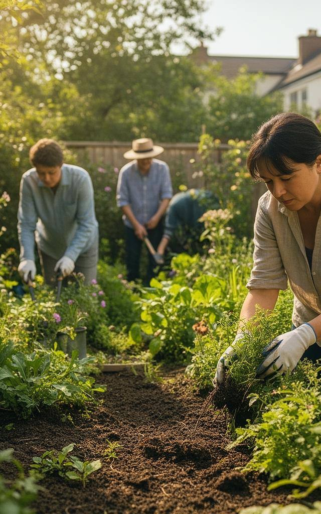 都市ガーデンのリワイルディング、夏の午後に住民が生物多様性豊かな庭を手入れする風景