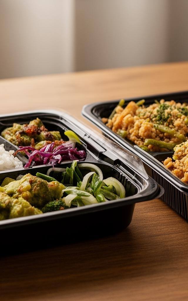 東京のコンビニで購入できるvegan弁当3品を並べた様子