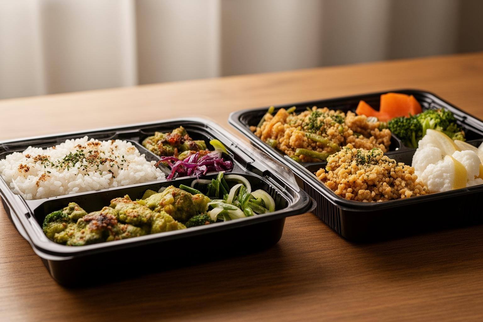 東京のコンビニで購入できるvegan弁当3品を並べた様子