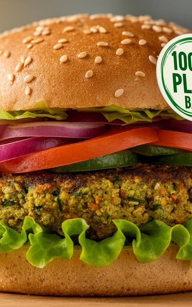 Plant-based veggie burger with fresh ingredients and a '100% Plant-Based' sticker, highlighting the labeling issue.