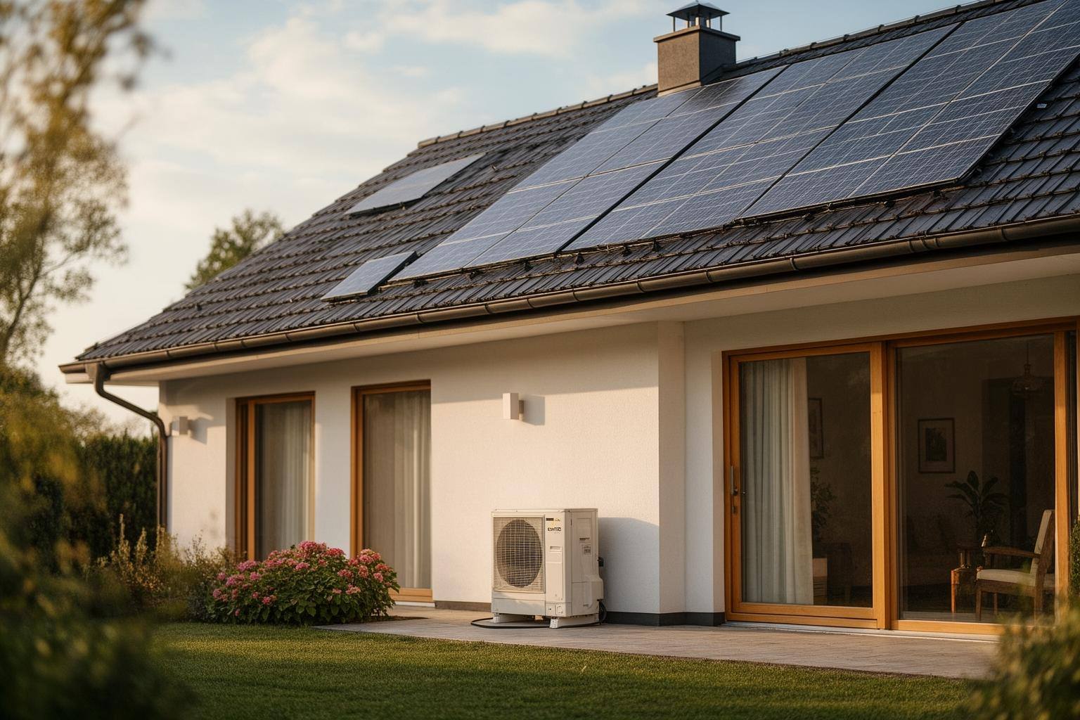Cozy modern home exterior with heat pump unit and solar roof, illustrating Heizungsgesetz municipal heat plans solutions