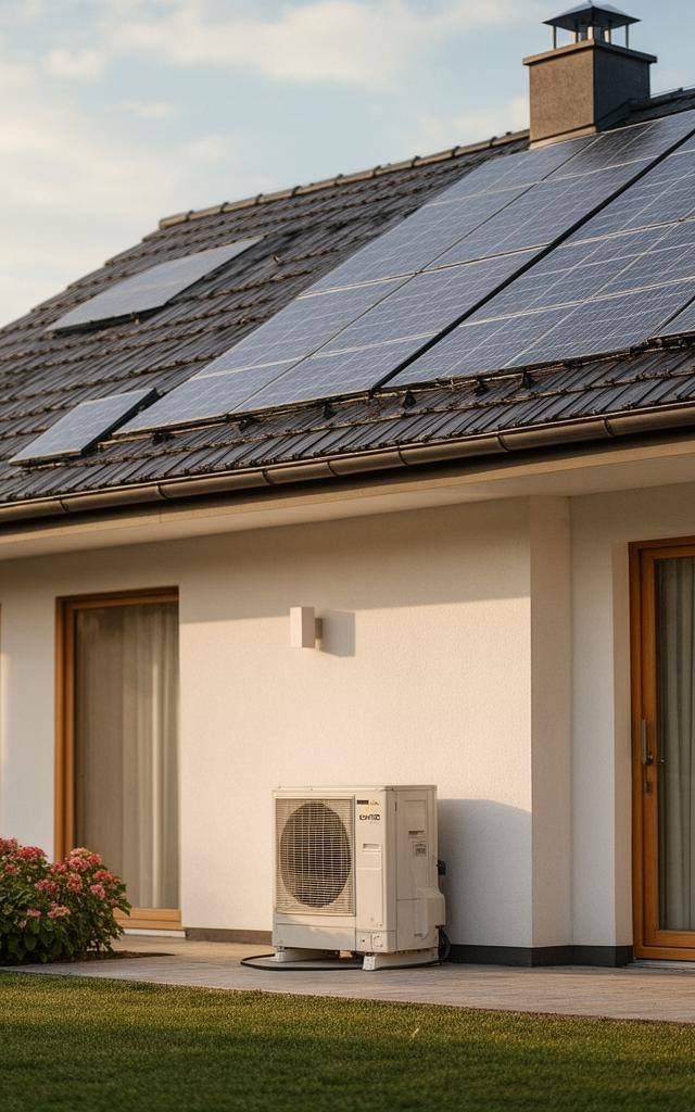 Cozy modern home exterior with heat pump unit and solar roof, illustrating Heizungsgesetz municipal heat plans solutions