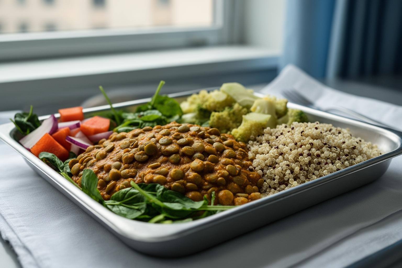 Colorful plant-based meal tray at NYC hospital with lentil curry and quinoa