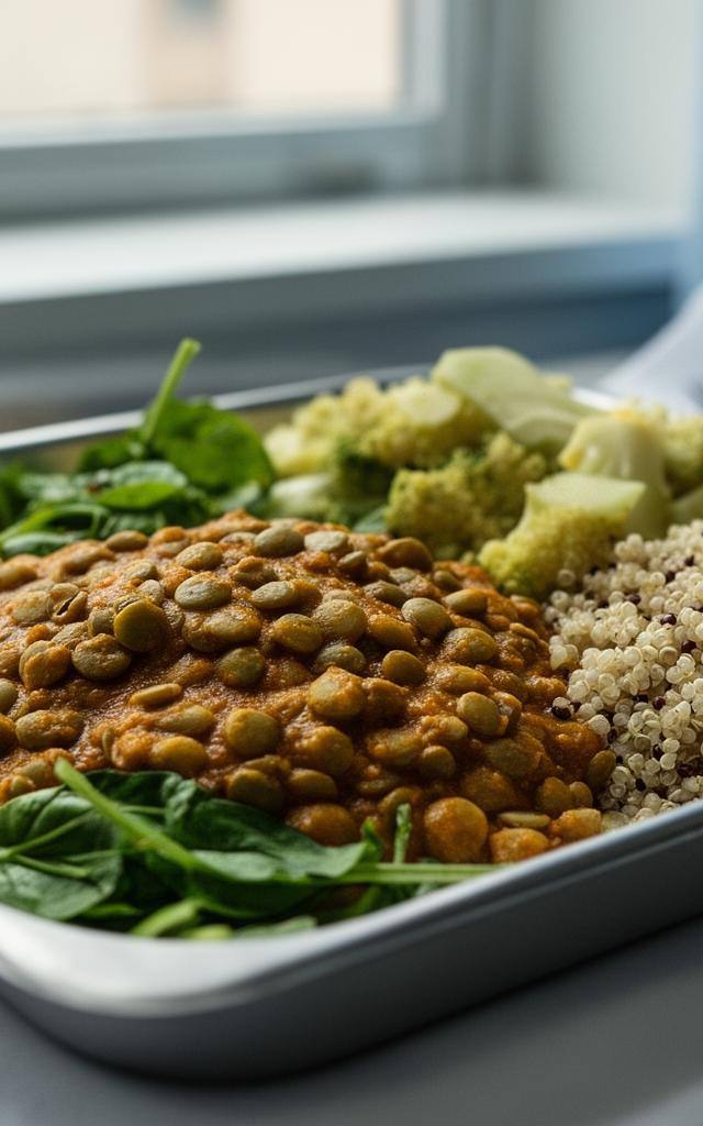 Colorful plant-based meal tray at NYC hospital with lentil curry and quinoa