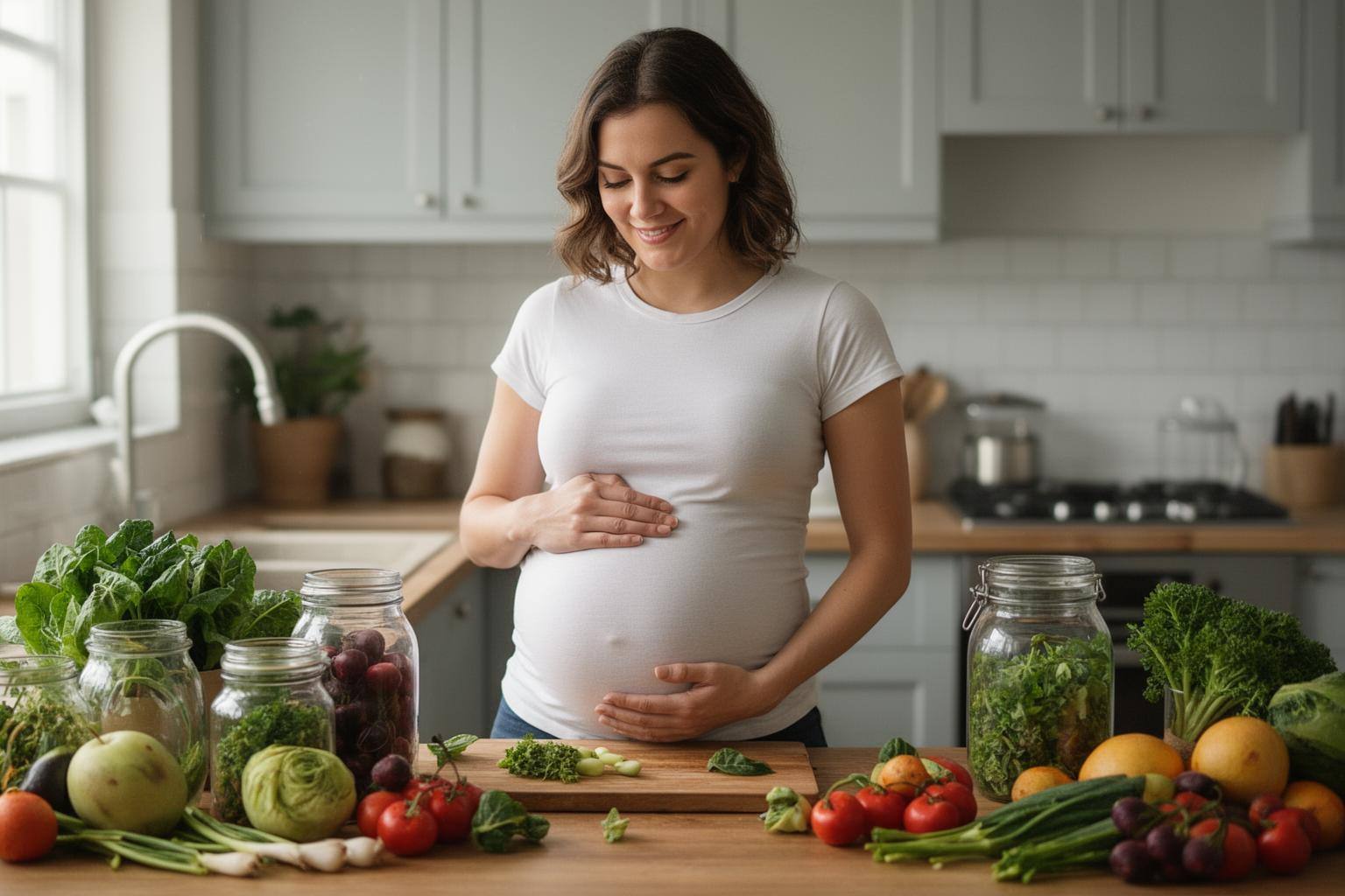 Mulher grávida na cozinha cercada de vegetais frescos e embalagens de vidro, reduzindo microplásticos na gravidez.