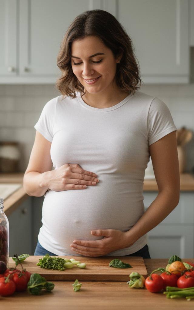 Mulher grávida na cozinha cercada de vegetais frescos e embalagens de vidro, reduzindo microplásticos na gravidez.