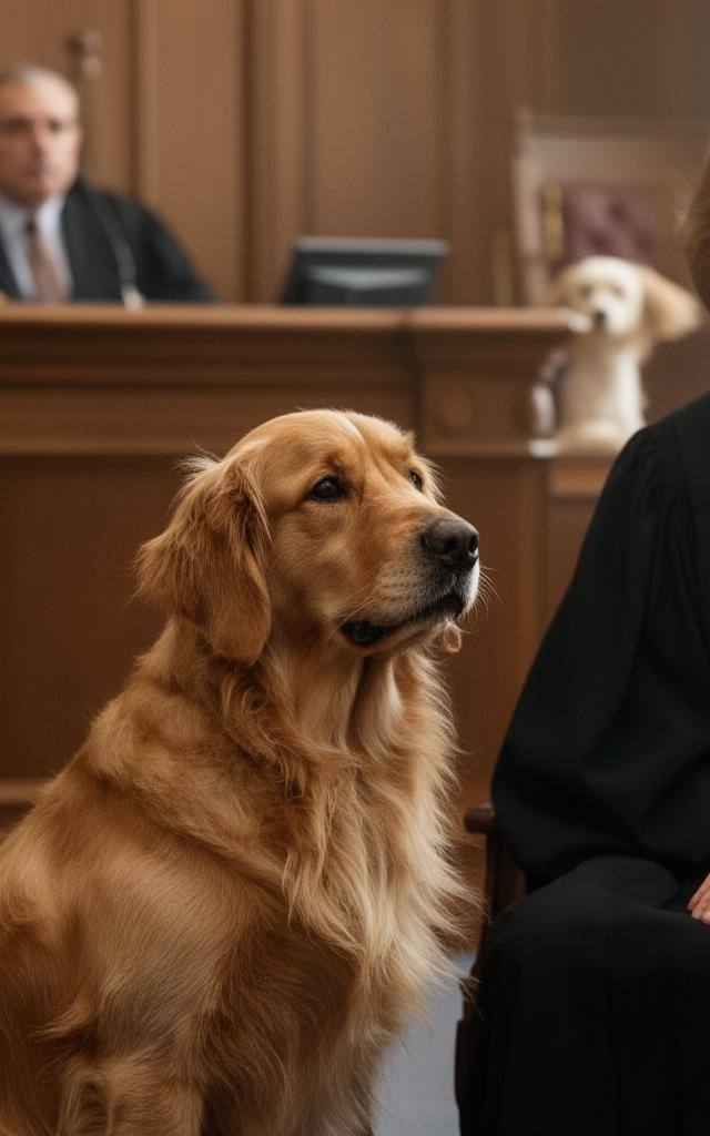 在庄严的法庭上，一只金毛猎犬坐在法律代理人身旁，象征着2026年动物权利法中的法律人格地位。