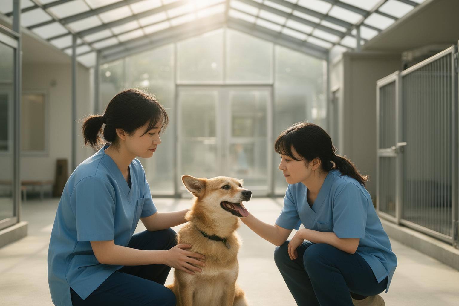 太陽の光が降り注ぐ近代的なシェルターで、保護犬と心を通わせるボランティア。動物愛護法 2026年改正による明るい未来を象徴しているシーン。