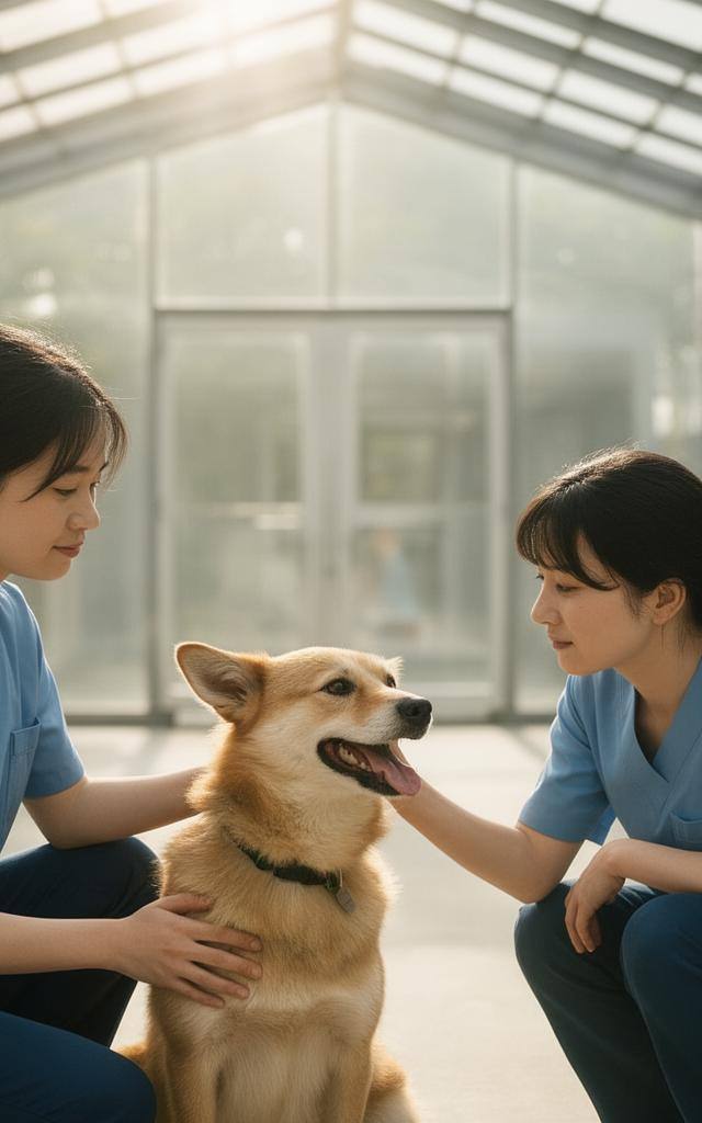 太陽の光が降り注ぐ近代的なシェルターで、保護犬と心を通わせるボランティア。動物愛護法 2026年改正による明るい未来を象徴しているシーン。
