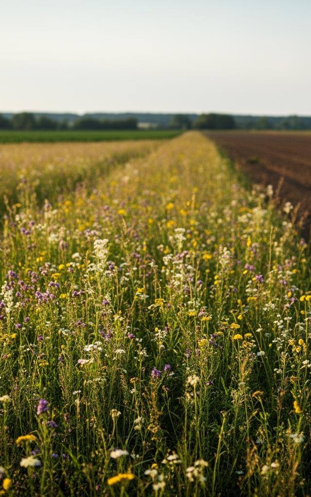 Un paysage contrasté montrant une prairie sauvage riche en biodiversité face à un champ de monoculture industrielle stérile.