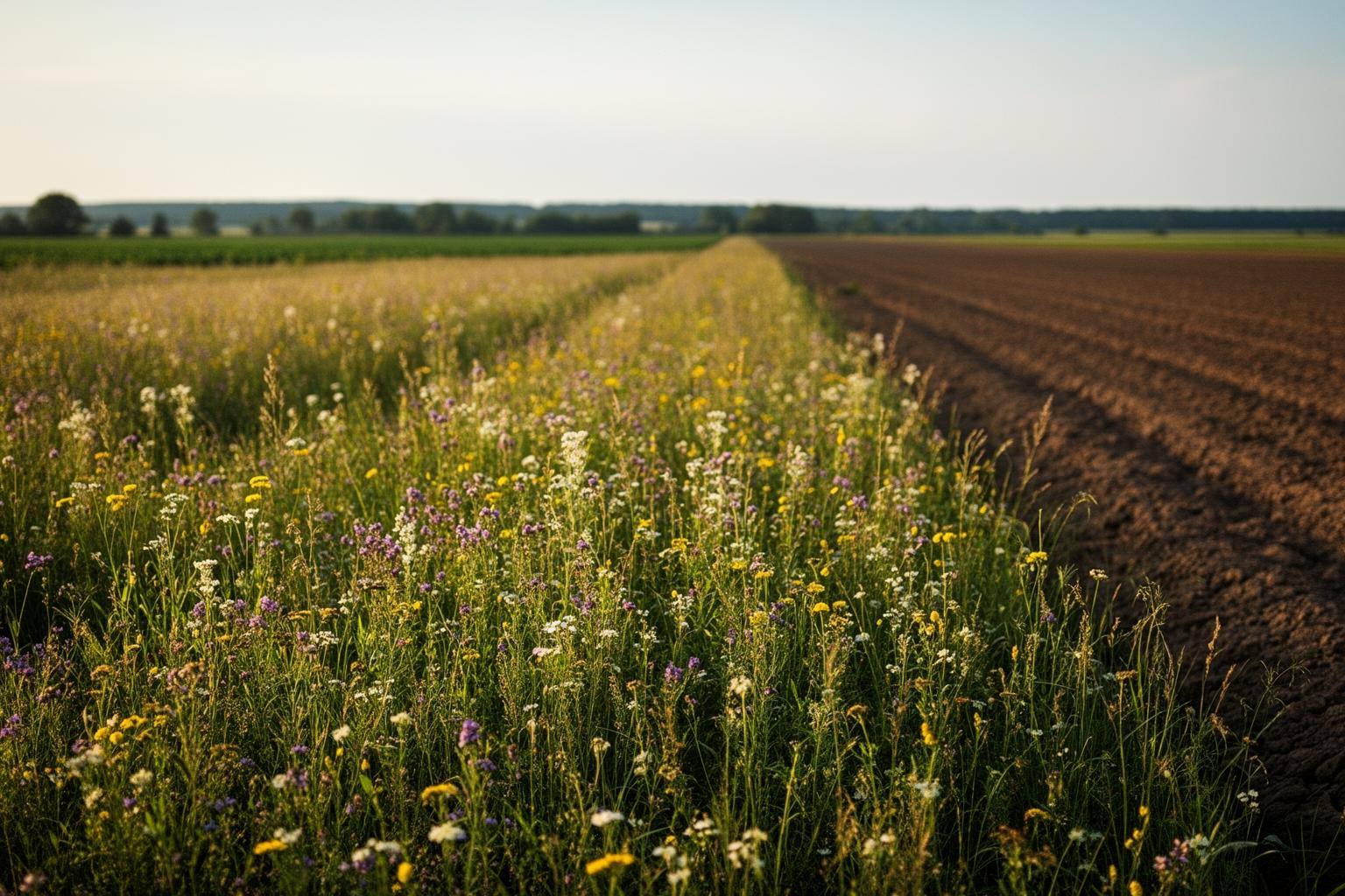 Un paysage contrasté montrant une prairie sauvage riche en biodiversité face à un champ de monoculture industrielle stérile.