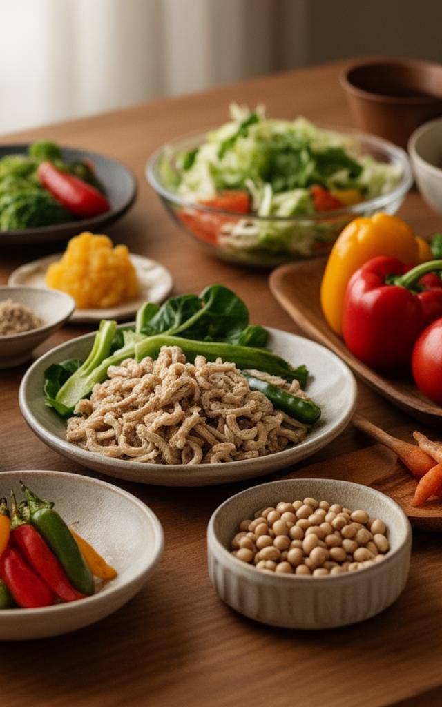 木製テーブルの上に並べられた、色とりどりの旬の野菜と大豆製品を中心としたモダンな日本式のプラントベースの食事